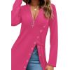 imageLYANER Womens Sexy Zip Up V Neck Long Sleeve Side Split Asymmetrical Hem Longline Tunic Blouse TopHot Pink