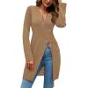 imageLYANER Womens Sexy Zip Up V Neck Long Sleeve Side Split Asymmetrical Hem Longline Tunic Blouse TopKhaki