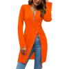 imageLYANER Womens Sexy Zip Up V Neck Long Sleeve Side Split Asymmetrical Hem Longline Tunic Blouse TopNeon Orange