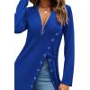 imageLYANER Womens Sexy Zip Up V Neck Long Sleeve Side Split Asymmetrical Hem Longline Tunic Blouse TopRoyal Blue