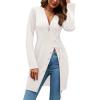imageLYANER Womens Sexy Zip Up V Neck Long Sleeve Side Split Asymmetrical Hem Longline Tunic Blouse TopWhite