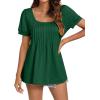 imageLYANER Womens Square Neck Tunic Top Puff Short Sleeve Pleated Flowy TShirtsGreen