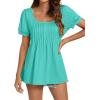 imageLYANER Womens Square Neck Tunic Top Puff Short Sleeve Pleated Flowy TShirtsPeacock Green
