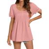 imageLYANER Womens Square Neck Tunic Top Puff Short Sleeve Pleated Flowy TShirtsPink