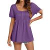 imageLYANER Womens Square Neck Tunic Top Puff Short Sleeve Pleated Flowy TShirtsPurple