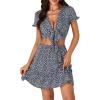 imageLYANER Womens Floral 2 Piece Outfits Tie Front V Neck Short Sleeve Crop Tops Ruffle Layer ALine Mini Skirt SetsDark Blue