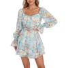 imageLYANER Womens Floral Print Off Shoulder Long Sleeve Ruffle Hem Romper Short JumpsuitFloral Light Blue