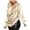 imageLYANER Womens Satin Collar Neck Drape Ruched Front Long Sleeve Blouse Shirt TopBeige