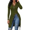 imageLYANER Womens Sexy Zip Up V Neck Long Sleeve Side Split Asymmetrical Hem Longline Tunic Blouse TopArmy Green