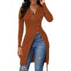 imageLYANER Womens Sexy Zip Up V Neck Long Sleeve Side Split Asymmetrical Hem Longline Tunic Blouse TopBrown