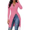 imageLYANER Womens Sexy Zip Up V Neck Long Sleeve Side Split Asymmetrical Hem Longline Tunic Blouse TopPink