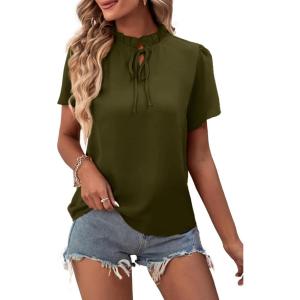 imageLYANER Womens Elegant Frill Mock Neck Ruffle Short Sleeve Blouse Work Shirt TopArmy Green