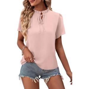 imageLYANER Womens Elegant Frill Mock Neck Ruffle Short Sleeve Blouse Work Shirt TopBaby Pink