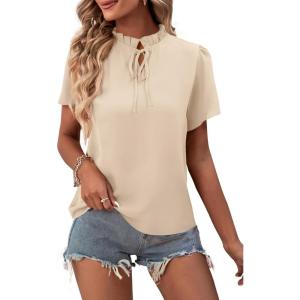 imageLYANER Womens Elegant Frill Mock Neck Ruffle Short Sleeve Blouse Work Shirt TopBeige