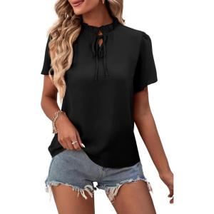 imageLYANER Womens Elegant Frill Mock Neck Ruffle Short Sleeve Blouse Work Shirt TopBlack