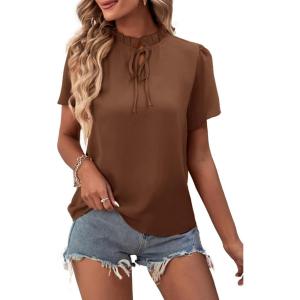 imageLYANER Womens Elegant Frill Mock Neck Ruffle Short Sleeve Blouse Work Shirt TopBrown