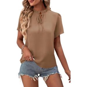 imageLYANER Womens Elegant Frill Mock Neck Ruffle Short Sleeve Blouse Work Shirt TopCamel