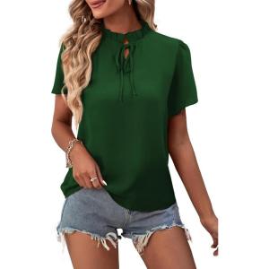imageLYANER Womens Elegant Frill Mock Neck Ruffle Short Sleeve Blouse Work Shirt TopDark Green