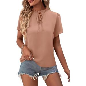 imageLYANER Womens Elegant Frill Mock Neck Ruffle Short Sleeve Blouse Work Shirt TopDusty Pink