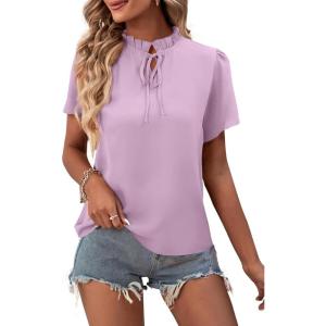 imageLYANER Womens Elegant Frill Mock Neck Ruffle Short Sleeve Blouse Work Shirt TopLight Purple