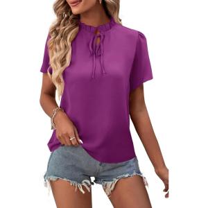 imageLYANER Womens Elegant Frill Mock Neck Ruffle Short Sleeve Blouse Work Shirt TopPurplish Red