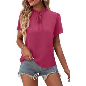 imageLYANER Womens Elegant Frill Mock Neck Ruffle Short Sleeve Blouse Work Shirt TopRose