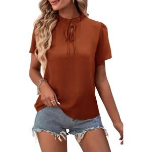 imageLYANER Womens Elegant Frill Mock Neck Ruffle Short Sleeve Blouse Work Shirt TopRust Red