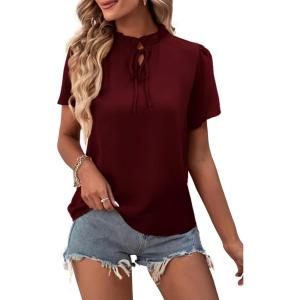 imageLYANER Womens Elegant Frill Mock Neck Ruffle Short Sleeve Blouse Work Shirt TopWine Red
