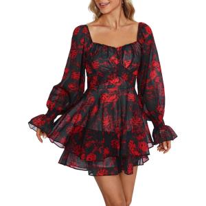 imageLYANER Womens Floral Print Off Shoulder Long Sleeve Ruffle Hem Romper Short JumpsuitFloral Black