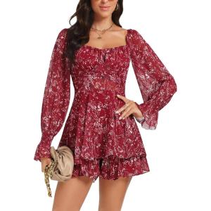 imageLYANER Womens Floral Print Off Shoulder Long Sleeve Ruffle Hem Romper Short JumpsuitFloral Burgundy