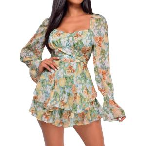 imageLYANER Womens Floral Print Off Shoulder Long Sleeve Ruffle Hem Romper Short JumpsuitFloral Green