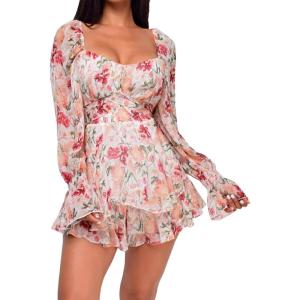 imageLYANER Womens Floral Print Off Shoulder Long Sleeve Ruffle Hem Romper Short JumpsuitFloral Pink