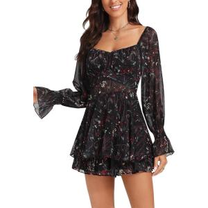 imageLYANER Womens Floral Print Off Shoulder Long Sleeve Ruffle Hem Romper Short JumpsuitFloral Print Black