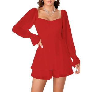 imageLYANER Womens Floral Print Off Shoulder Long Sleeve Ruffle Hem Romper Short JumpsuitRed