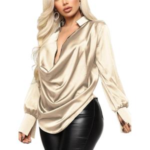 imageLYANER Womens Satin Collar Neck Drape Ruched Front Long Sleeve Blouse Shirt TopBeige