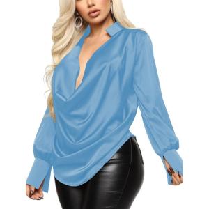 imageLYANER Womens Satin Collar Neck Drape Ruched Front Long Sleeve Blouse Shirt TopBlue