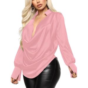 imageLYANER Womens Satin Collar Neck Drape Ruched Front Long Sleeve Blouse Shirt TopBright Pink