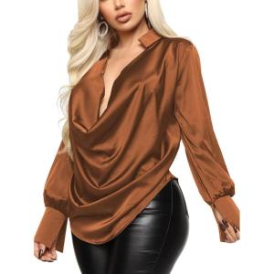 imageLYANER Womens Satin Collar Neck Drape Ruched Front Long Sleeve Blouse Shirt TopBrown
