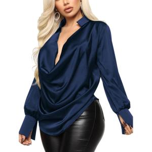 imageLYANER Womens Satin Collar Neck Drape Ruched Front Long Sleeve Blouse Shirt TopDark Blue
