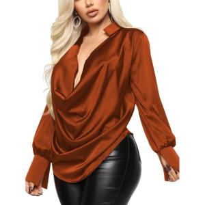 imageLYANER Womens Satin Collar Neck Drape Ruched Front Long Sleeve Blouse Shirt TopDark Brown