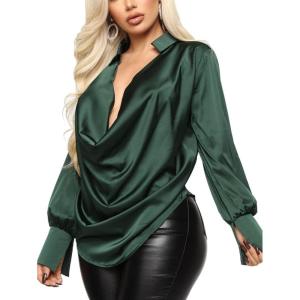 imageLYANER Womens Satin Collar Neck Drape Ruched Front Long Sleeve Blouse Shirt TopDark Green