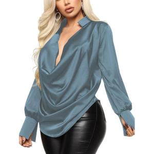 imageLYANER Womens Satin Collar Neck Drape Ruched Front Long Sleeve Blouse Shirt TopDusty Blue