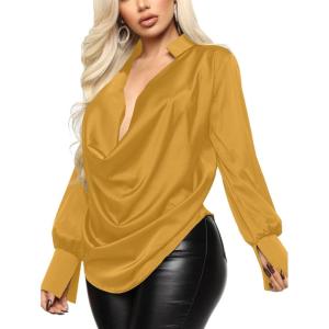 imageLYANER Womens Satin Collar Neck Drape Ruched Front Long Sleeve Blouse Shirt TopGinger
