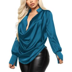 imageLYANER Womens Satin Collar Neck Drape Ruched Front Long Sleeve Blouse Shirt TopLake Blue