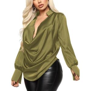 imageLYANER Womens Satin Collar Neck Drape Ruched Front Long Sleeve Blouse Shirt TopOlive Green