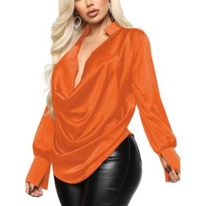 imageLYANER Womens Satin Collar Neck Drape Ruched Front Long Sleeve Blouse Shirt TopOrange