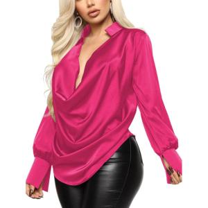 imageLYANER Womens Satin Collar Neck Drape Ruched Front Long Sleeve Blouse Shirt TopPeach Pink
