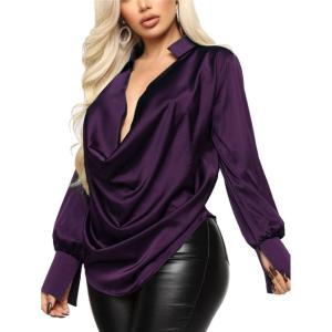 imageLYANER Womens Satin Collar Neck Drape Ruched Front Long Sleeve Blouse Shirt TopPurple