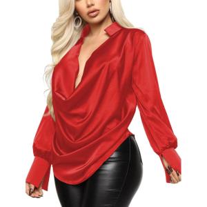 imageLYANER Womens Satin Collar Neck Drape Ruched Front Long Sleeve Blouse Shirt TopRed