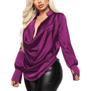 imageLYANER Womens Satin Collar Neck Drape Ruched Front Long Sleeve Blouse Shirt TopRose